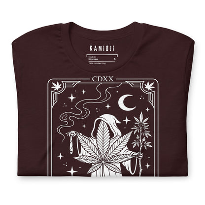 cannabis reaper shirt with gothic tarot style artwork and marijuana plant design