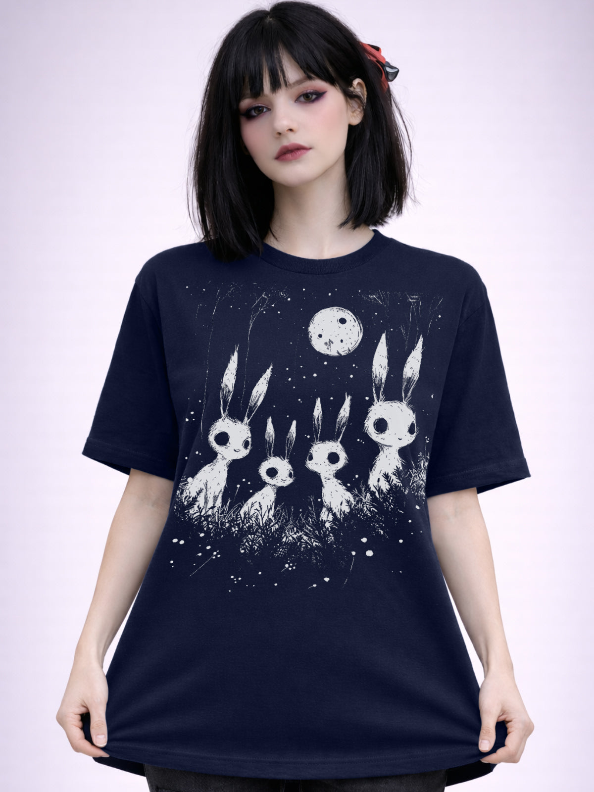 Alternative horror tee with rabbits and full moon illustration