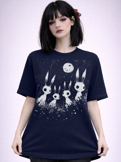 Alternative horror tee with rabbits and full moon illustration